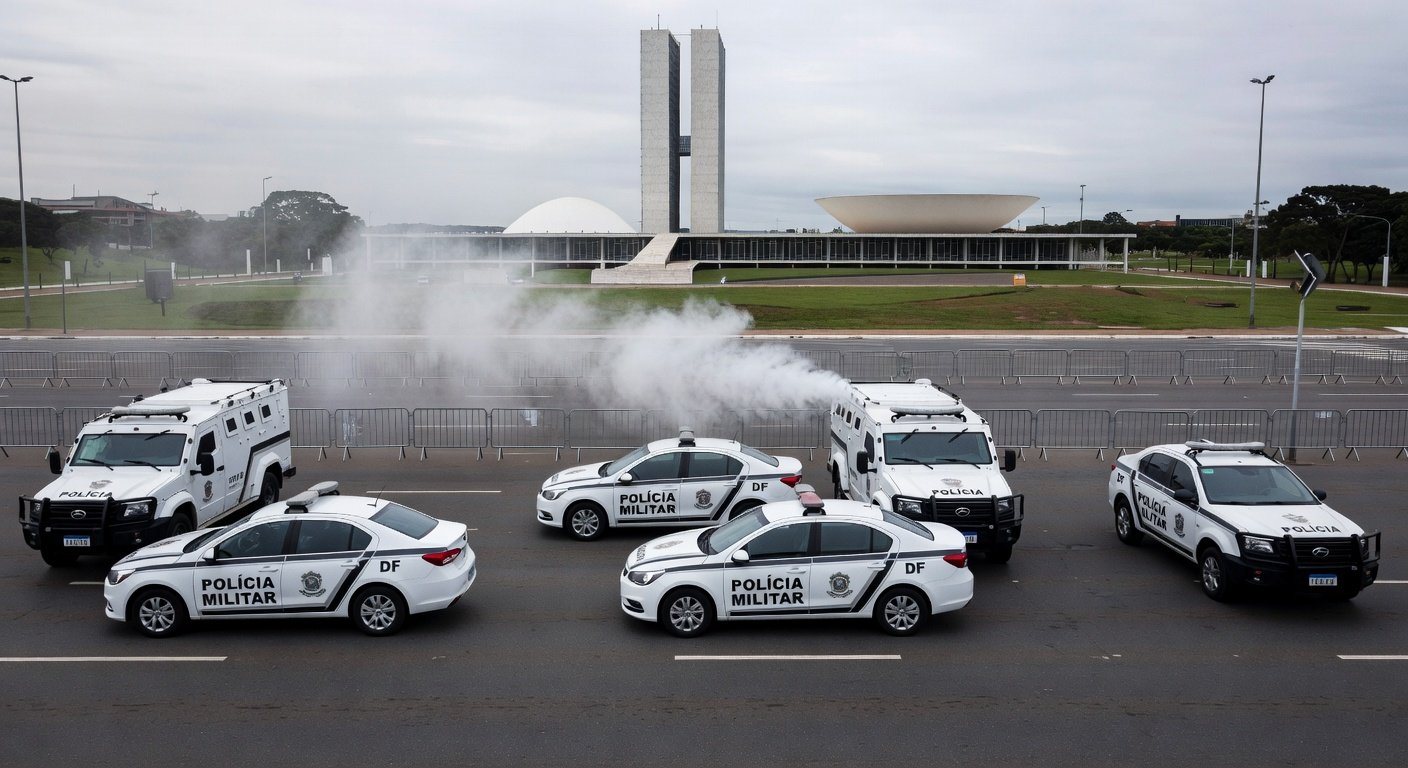 Cena de confronto com viaturas da PM no DF, fumaça de spray de pimenta no ar e monumentos de Brasília ao fundo.