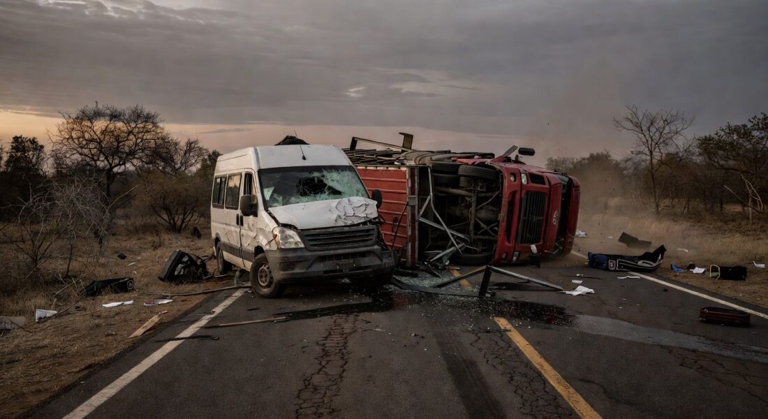 Acidente na BR-020 com colisão entre van e caminhão, veículos danificados na rodovia brasileira.