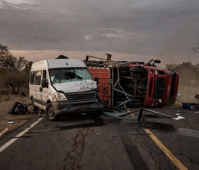 Acidente na BR-020 com colisão entre van e caminhão, veículos danificados na rodovia brasileira.