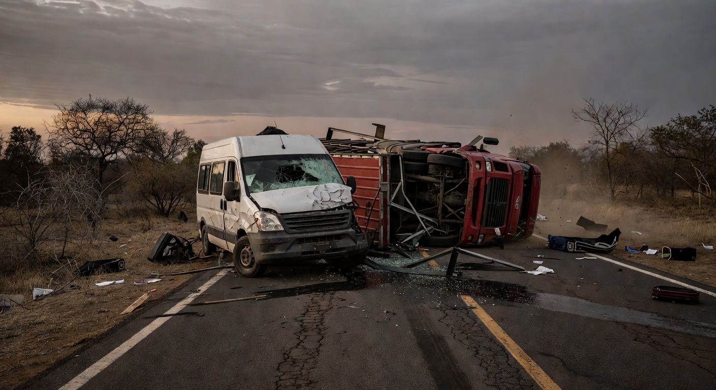 Acidente na BR-020 com colisão entre van e caminhão, veículos danificados na rodovia brasileira.