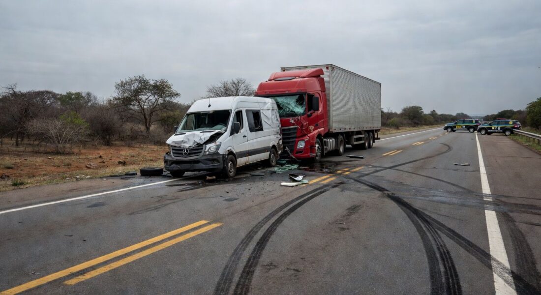 Cena de acidente na BR-020 com van clandestina e caminhão colididos, deixando mortos e feridos.