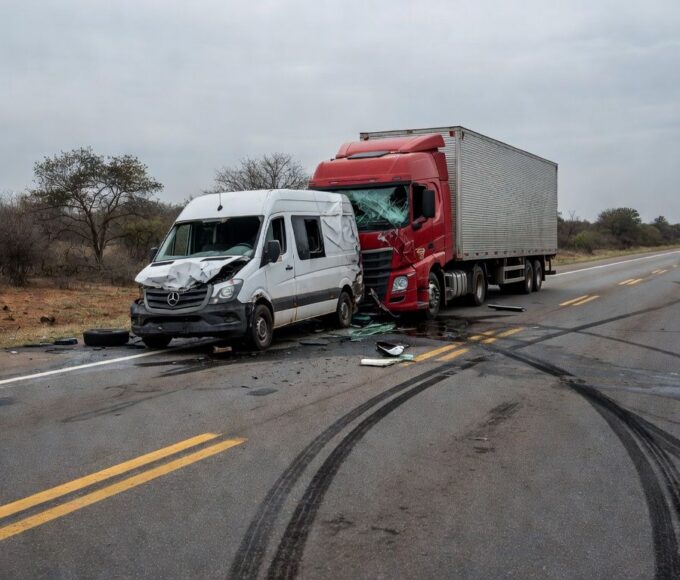 Cena de acidente na BR-020 com van clandestina e caminhão colididos, deixando mortos e feridos.
