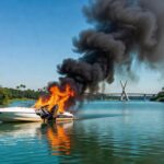 Lancha pegando fogo no Lago Paranoá, com chamas e fumaça, em Brasília.