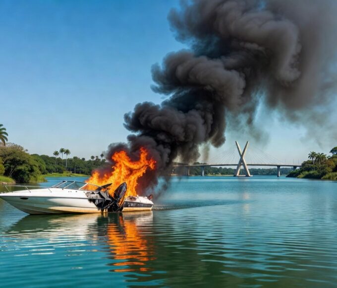 Lancha pegando fogo no Lago Paranoá, com chamas e fumaça, em Brasília.