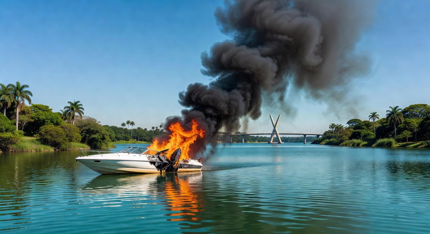 Lancha pegando fogo no Lago Paranoá, com chamas e fumaça, em Brasília.