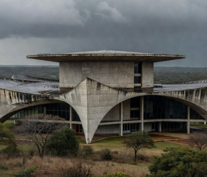 Fachada de prédio governamental em Brasília expondo falhas na proteção a mulheres e idosos no DF.