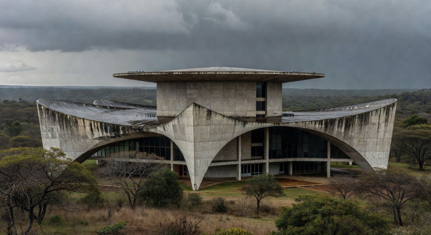 Fachada de prédio governamental em Brasília expondo falhas na proteção a mulheres e idosos no DF.