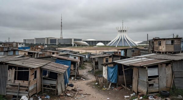Favela em Brasília com moradias precárias e cruz católica ao fundo, expondo déficit habitacional e homenagem na CLDF.