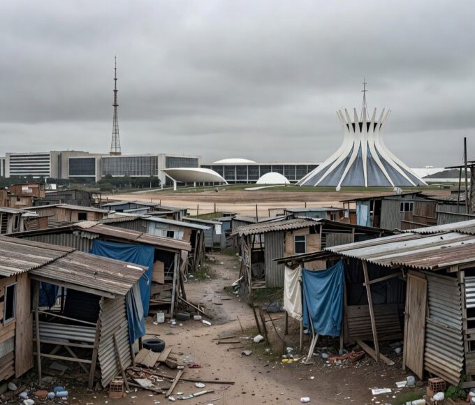 Favela em Brasília com moradias precárias e cruz católica ao fundo, expondo déficit habitacional e homenagem na CLDF.
