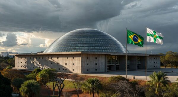 Fachada da Câmara Legislativa do DF em Brasília sob céu nublado, simbolizando controvérsias na concessão de título honorário.