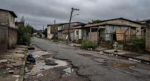 Rua com falhas de infraestrutura em Nova Colina, DF, destacando buracos e deterioração urbana.