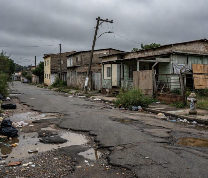 Rua com falhas de infraestrutura em Nova Colina, DF, destacando buracos e deterioração urbana.