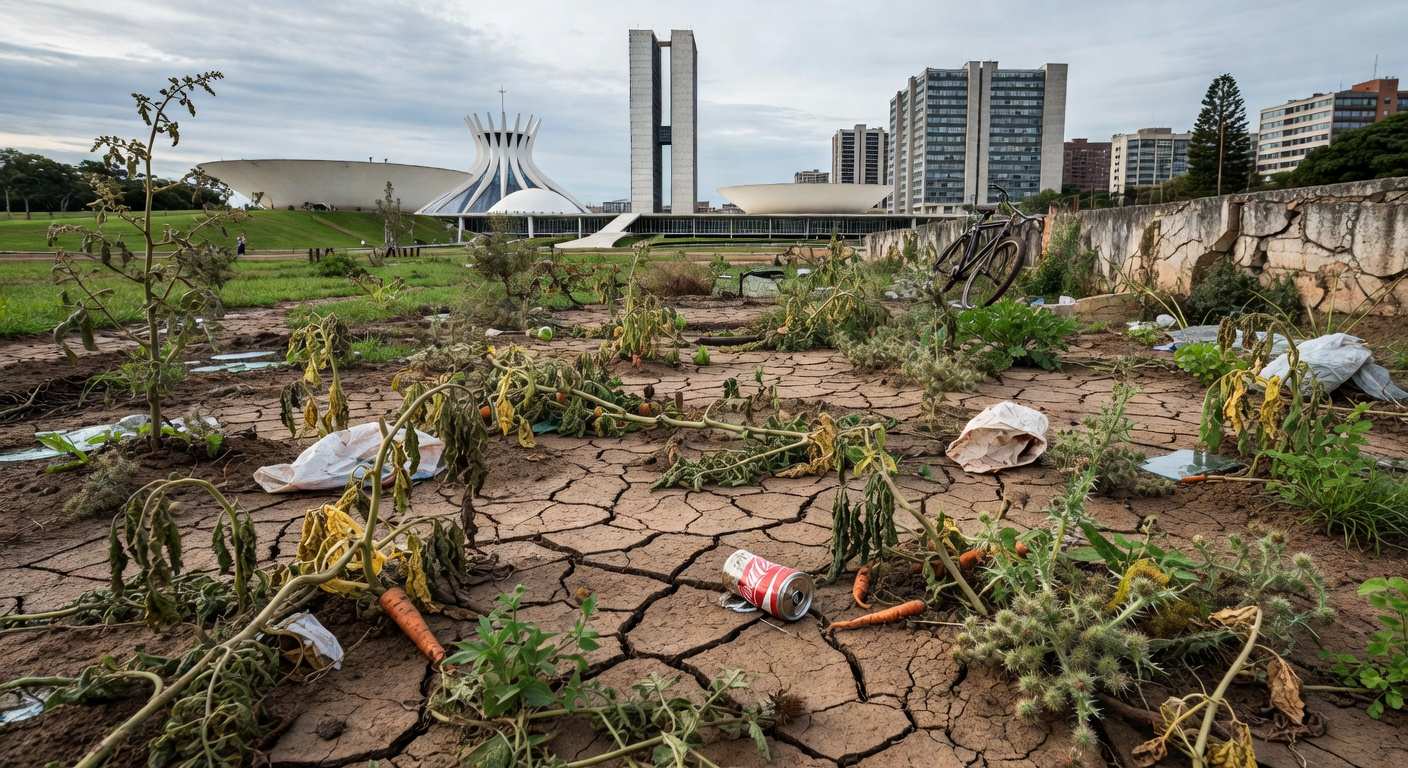 Horta urbana em Brasília com plantas murchas, representando crise na agricultura no DF.