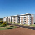 Conjunto de apartamentos novos no Itapoã Parque, Brasília, em estilo fotojornalístico realista.