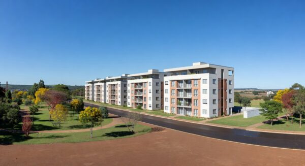 Conjunto de apartamentos novos no Itapoã Parque, Brasília, em estilo fotojornalístico realista.