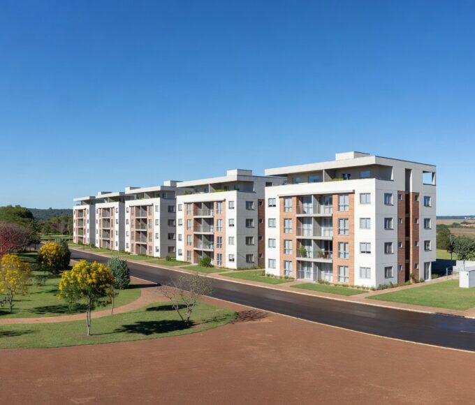 Conjunto de apartamentos novos no Itapoã Parque, Brasília, em estilo fotojornalístico realista.