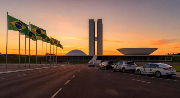 Vista de Brasília com Congresso Nacional e viaturas da Polícia Federal, representando a II Conferência de Segurança Pública antes da votação da PEC.