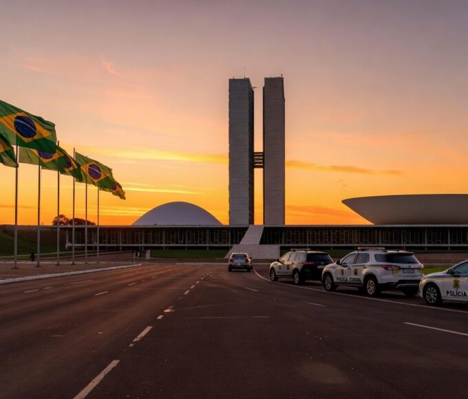 Vista de Brasília com Congresso Nacional e viaturas da Polícia Federal, representando a II Conferência de Segurança Pública antes da votação da PEC.
