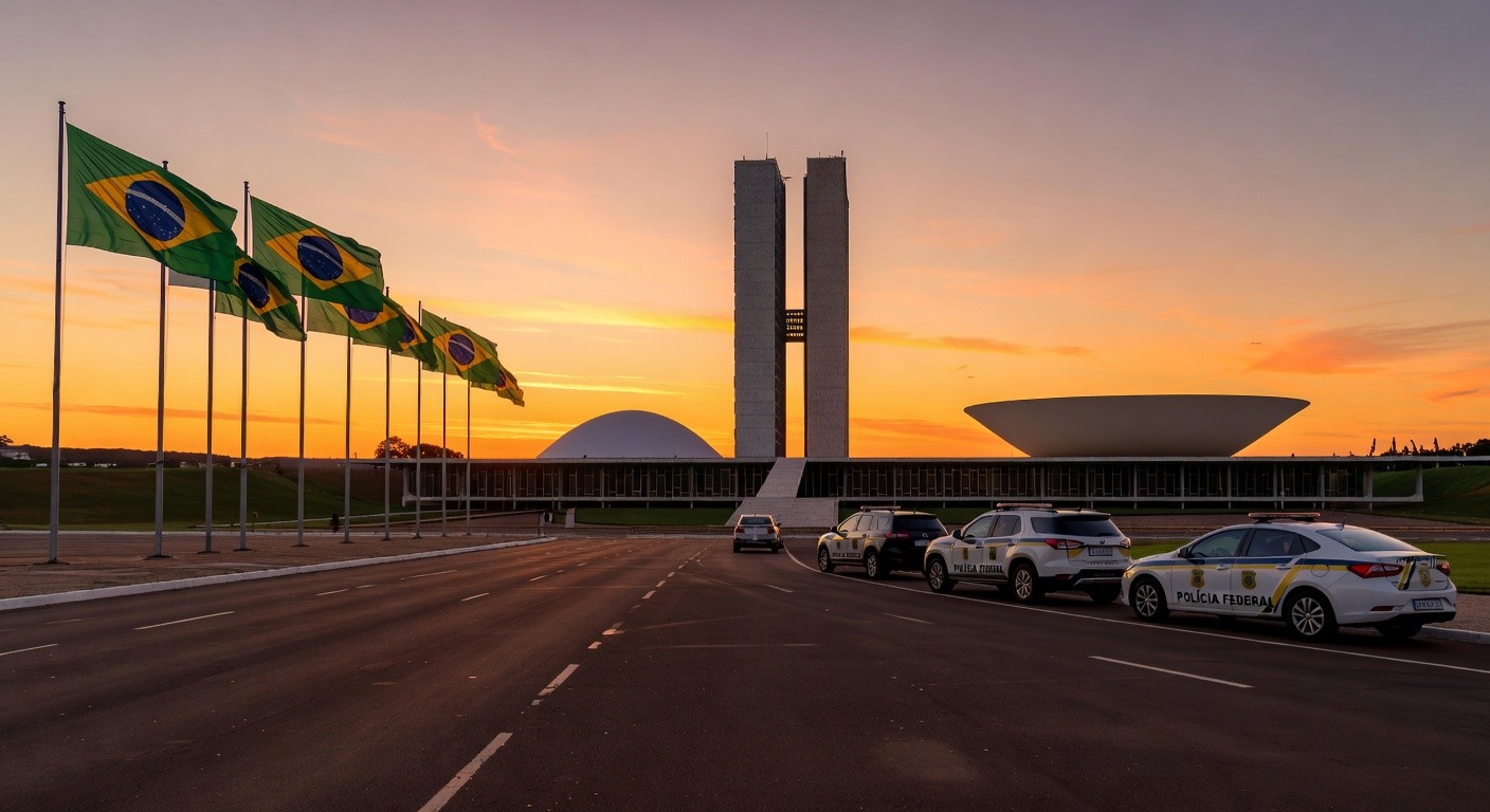 Vista de Brasília com Congresso Nacional e viaturas da Polícia Federal, representando a II Conferência de Segurança Pública antes da votação da PEC.