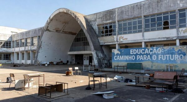Escola pública deteriorada em Brasília, representando crise educacional apesar do Prêmio Paulo Freire da CLDF.