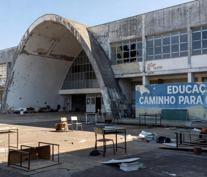 Escola pública deteriorada em Brasília, representando crise educacional apesar do Prêmio Paulo Freire da CLDF.