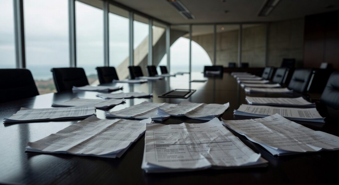 Sala de reuniões vazia na CLDF em Brasília, com documentos e atmosfera de suspeitas e falta de transparência em encontro com presidente do BRB.