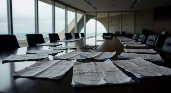 Sala de reuniões vazia na CLDF em Brasília, com documentos e atmosfera de suspeitas e falta de transparência em encontro com presidente do BRB.