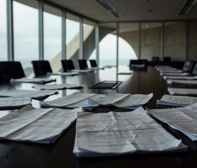 Sala de reuniões vazia na CLDF em Brasília, com documentos e atmosfera de suspeitas e falta de transparência em encontro com presidente do BRB.