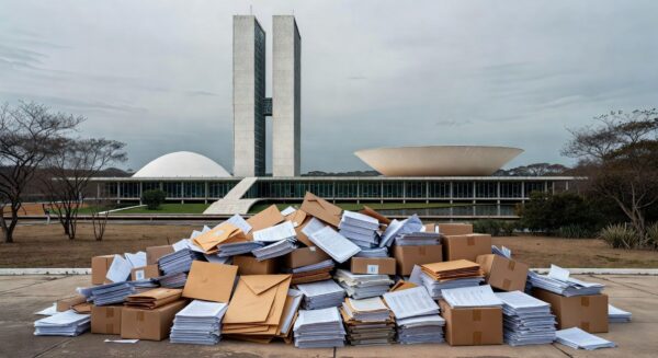 Edifício da CLDF em Brasília com documentos sombrios, representando aprovação polêmica de crédito para Ceasa sem transparência.