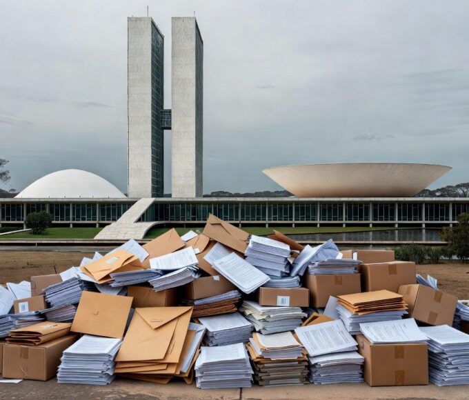 Edifício da CLDF em Brasília com documentos sombrios, representando aprovação polêmica de crédito para Ceasa sem transparência.