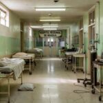 Corredor vazio de hospital público em Brasília com equipamentos desgastados, expondo falhas nas condições de enfermeiros.