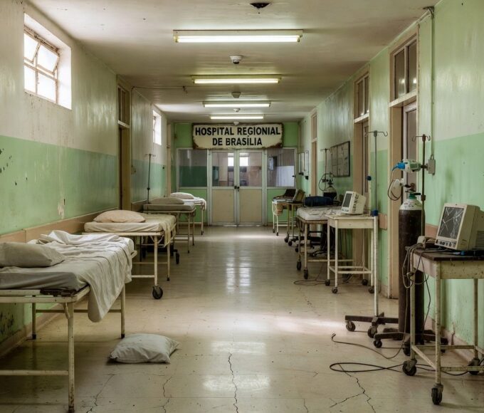 Corredor vazio de hospital público em Brasília com equipamentos desgastados, expondo falhas nas condições de enfermeiros.