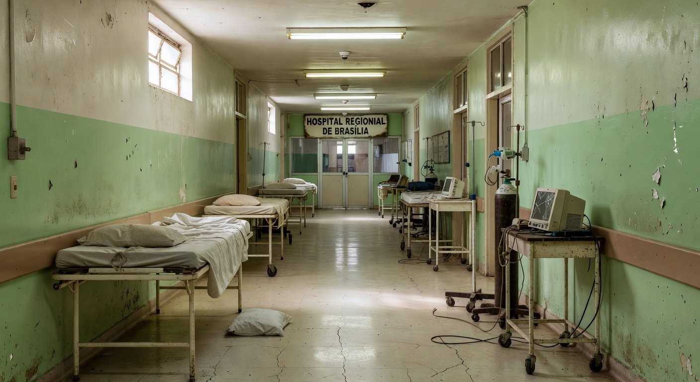 Corredor vazio de hospital público em Brasília com equipamentos desgastados, expondo falhas nas condições de enfermeiros.