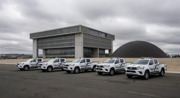 Fachada da Câmara Legislativa do DF com viaturas da Polícia Civil, representando apoio a projeto para corrigir falhas na Previdência.