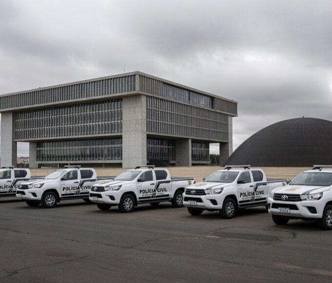 Fachada da Câmara Legislativa do DF com viaturas da Polícia Civil, representando apoio a projeto para corrigir falhas na Previdência.