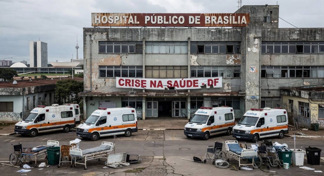 Fachada da CLDF em Brasília com símbolos de saúde deteriorados, expondo falhas na saúde do DF.