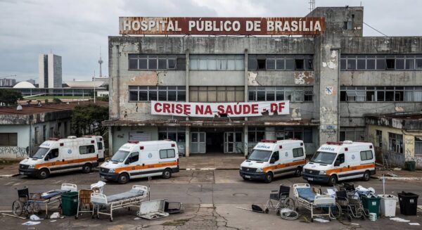 Fachada da CLDF em Brasília com símbolos de saúde deteriorados, expondo falhas na saúde do DF.