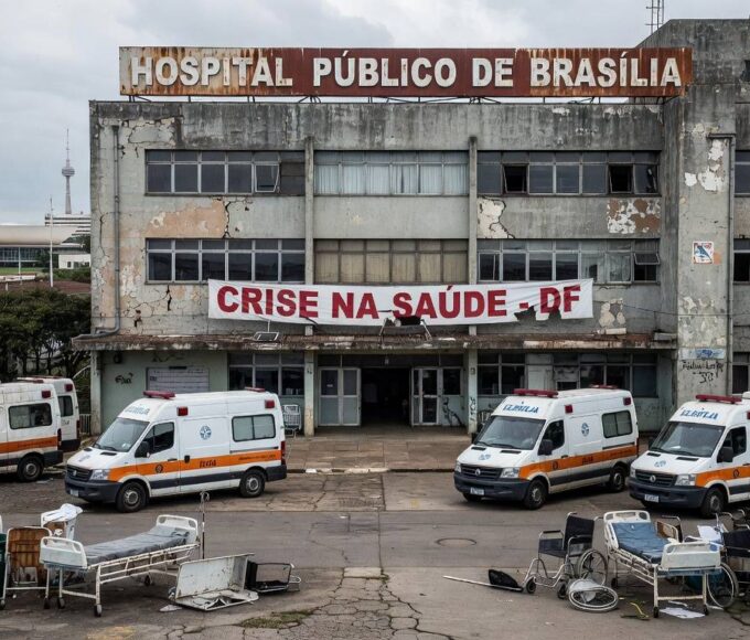 Fachada da CLDF em Brasília com símbolos de saúde deteriorados, expondo falhas na saúde do DF.