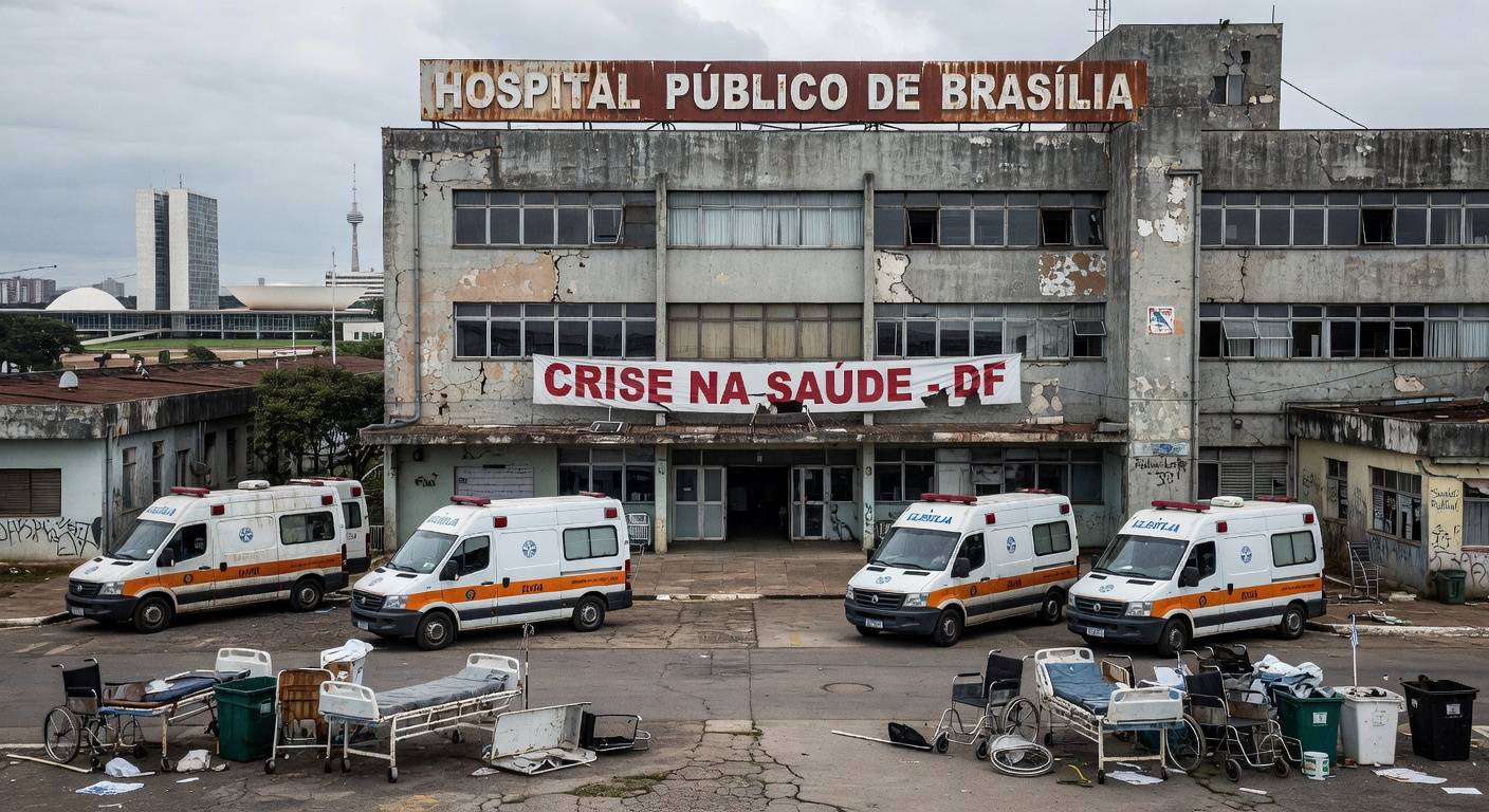 Fachada da CLDF em Brasília com símbolos de saúde deteriorados, expondo falhas na saúde do DF.