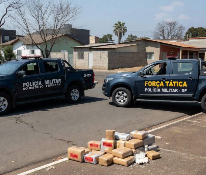 Viaturas da PMDF e pacotes de drogas apreendidas em rua do Recanto das Emas, DF, Brasil.