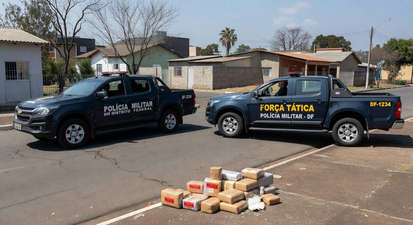 Viaturas da PMDF e pacotes de drogas apreendidas em rua do Recanto das Emas, DF, Brasil.