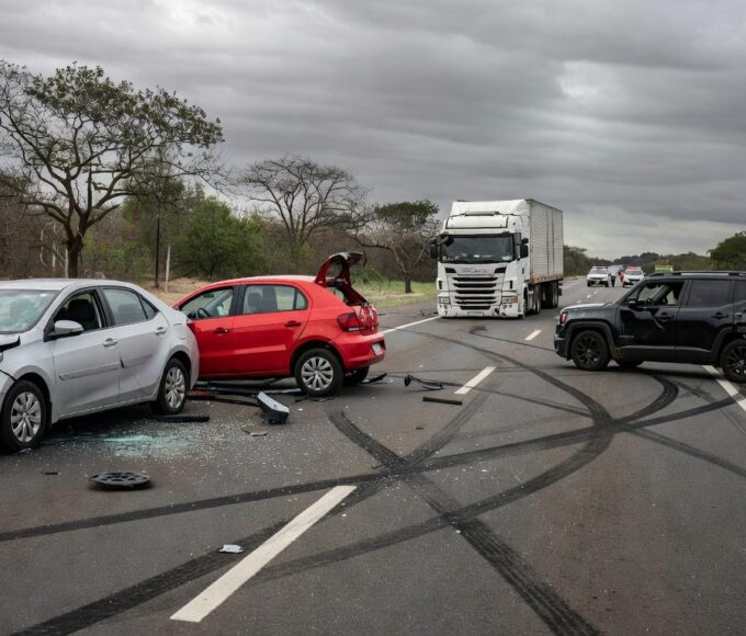 Acidente com quatro veículos na DF-150 em Sobradinho, deixando três feridos, cena de colisão rodoviária no Brasil.