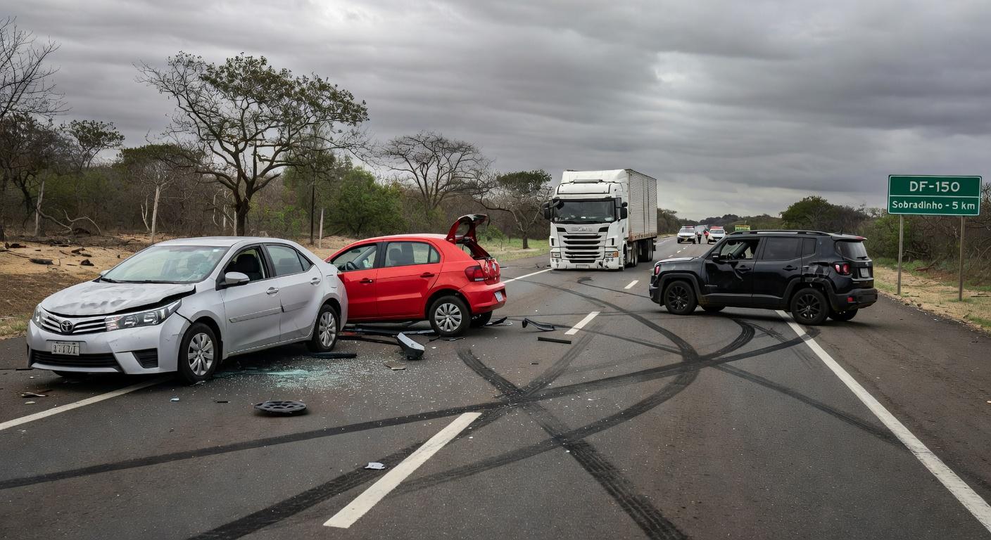 Acidente com quatro veículos na DF-150 em Sobradinho, deixando três feridos, cena de colisão rodoviária no Brasil.