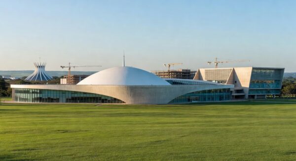 Campus universitário moderno em Brasília, ilustrando o crescimento de 77% nas matrículas no ensino superior público do DF com expansão da UnDF.