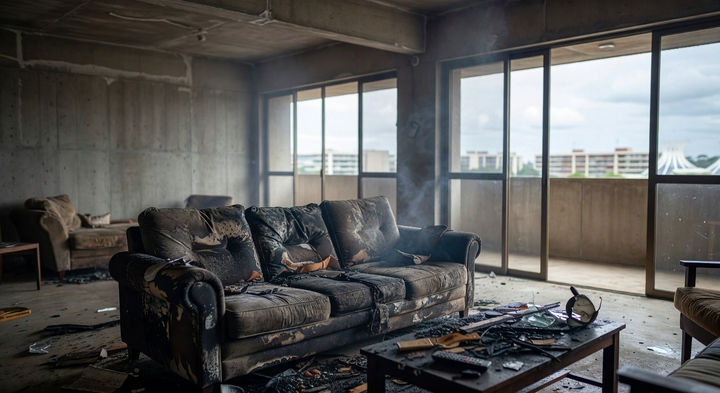 Sofá queimado em sala de casa no Distrito Federal após incêndio doméstico.