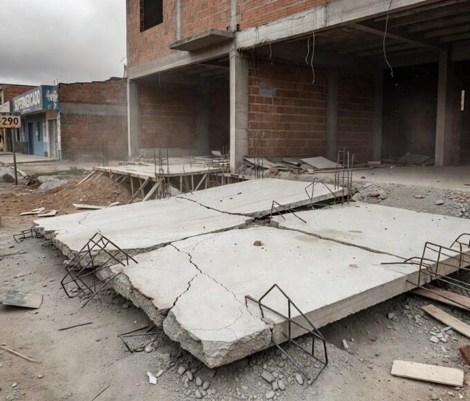 Obra de construção no Gama com laje caída, representando acidente fatal em Brasília.