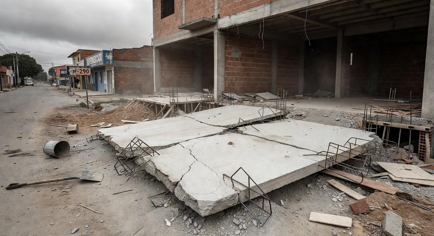 Obra de construção no Gama com laje caída, representando acidente fatal em Brasília.