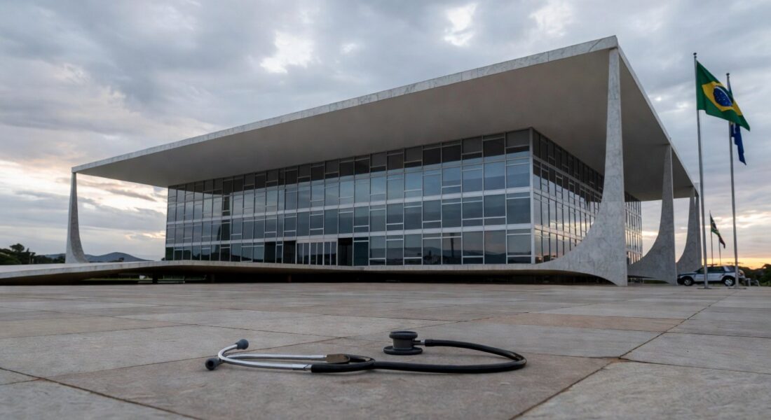 Edifício da CLDF em Brasília com símbolos de saúde e segurança deteriorados, representando falhas em avanços no DF.
