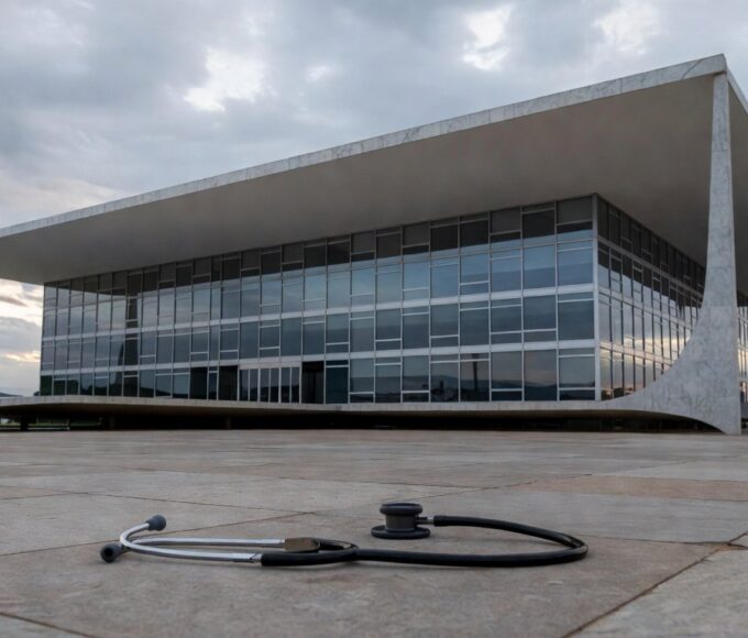 Edifício da CLDF em Brasília com símbolos de saúde e segurança deteriorados, representando falhas em avanços no DF.