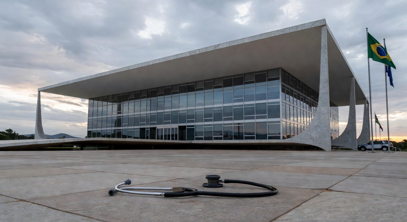 Edifício da CLDF em Brasília com símbolos de saúde e segurança deteriorados, representando falhas em avanços no DF.